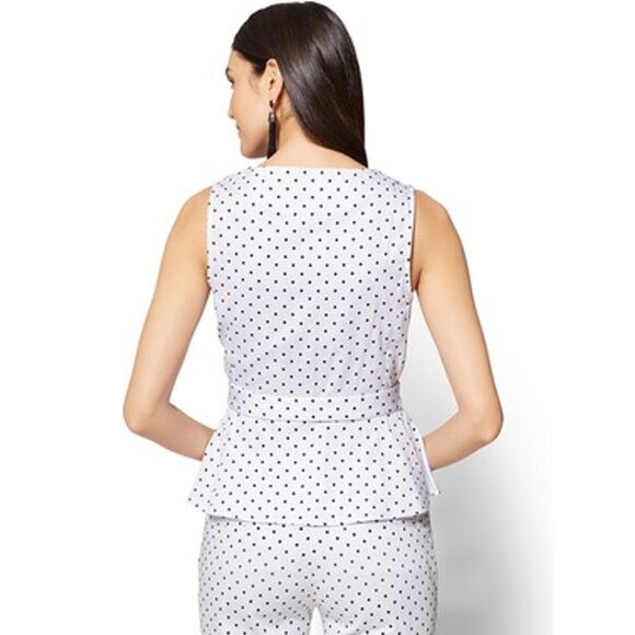 NY & Co 7th Ave Sleeveless B & W Polka Dot V Neck Peplum Top w/ Belt, Large, NWT - Picture 2 of 9